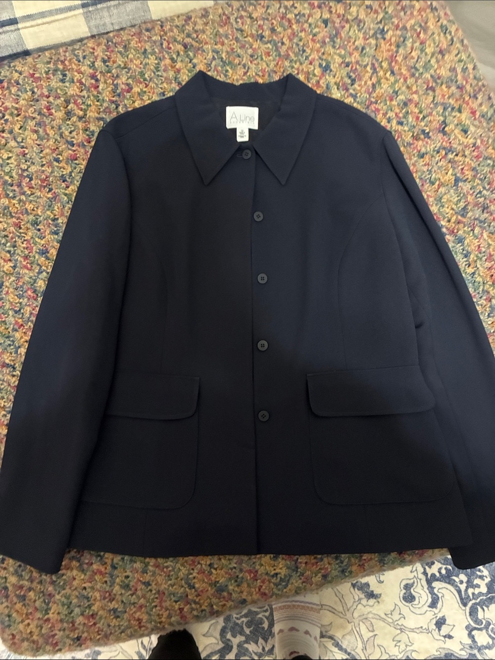 Anne Klein Navy Single-Breasted Blazer with Flap Pockets